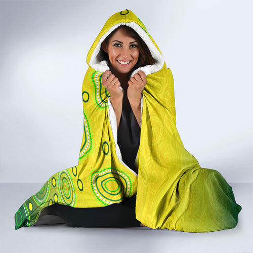 Personalized Australian Soccer Kangaroo Hooded Blanket Aboriginal Dot Pattern Green Gold Football Player