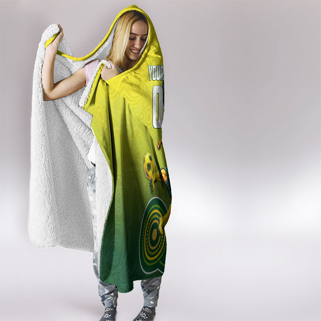 Personalized Australian Soccer Kangaroo Hooded Blanket Aboriginal Dot Pattern Green Gold Football Player