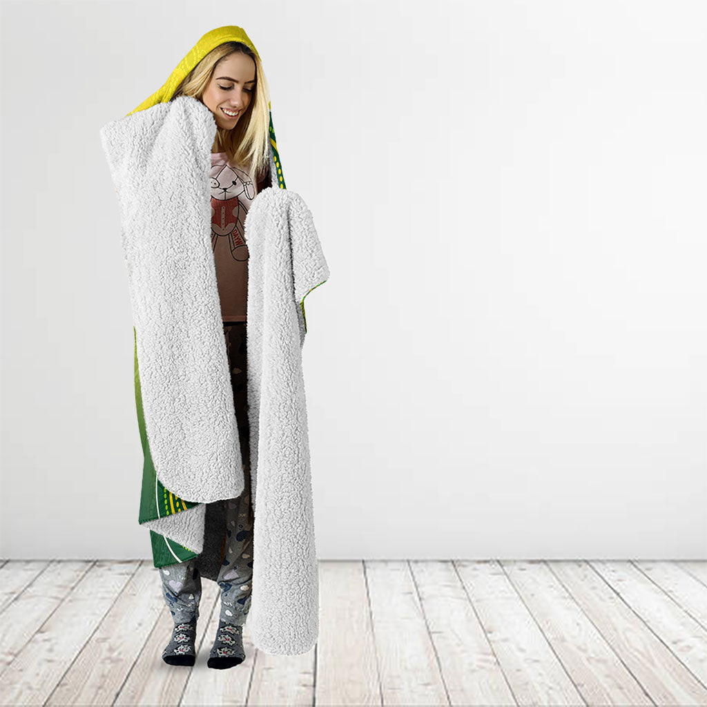Personalized Australian Soccer Kangaroo Hooded Blanket Aboriginal Dot Pattern Green Gold Football Player