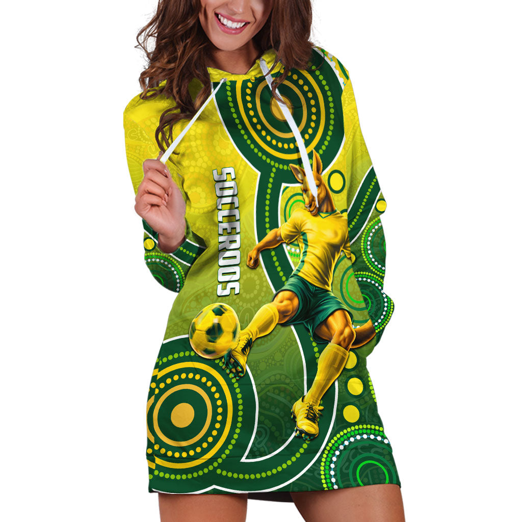 Personalized Australian Soccer Kangaroo Hoodie Dress Aboriginal Dot Pattern Green Gold Football Player