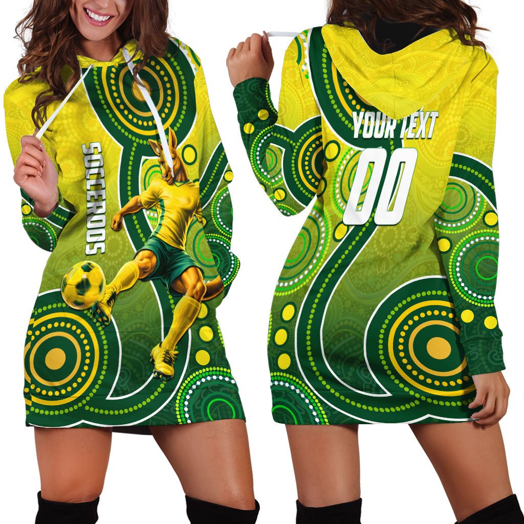 Personalized Australian Soccer Kangaroo Hoodie Dress Aboriginal Dot Pattern Green Gold Football Player