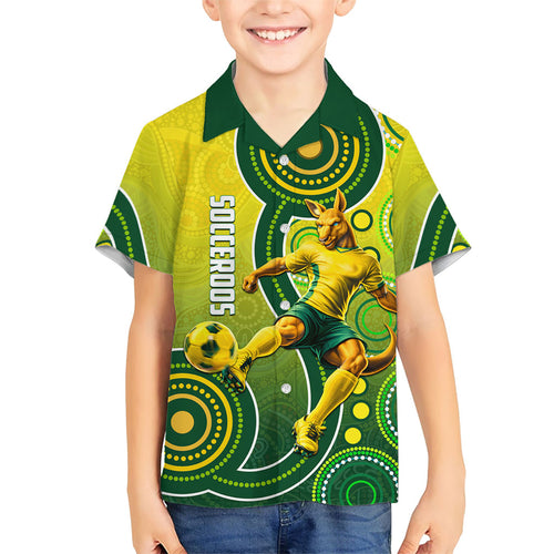 Personalized Australian Soccer Kangaroo Kid Hawaiian Shirt Aboriginal Dot Pattern Green Gold Football Player
