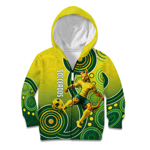 Personalized Australian Soccer Kangaroo Kid Hoodie Aboriginal Dot Pattern Green Gold Football Player