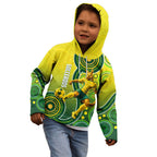 Personalized Australian Soccer Kangaroo Kid Hoodie Aboriginal Dot Pattern Green Gold Football Player