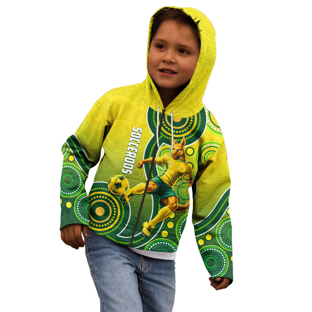 Personalized Australian Soccer Kangaroo Kid Hoodie Aboriginal Dot Pattern Green Gold Football Player