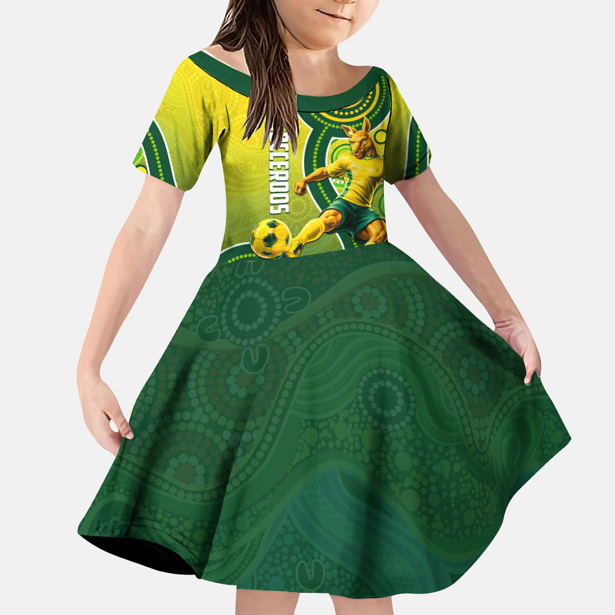 Personalized Australian Soccer Kangaroo Kid Short Sleeve Dress Aboriginal Dot Pattern Green Gold Football Player