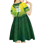 Personalized Australian Soccer Kangaroo Kid Short Sleeve Dress Aboriginal Dot Pattern Green Gold Football Player