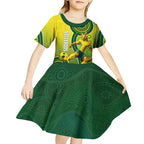 Personalized Australian Soccer Kangaroo Kid Short Sleeve Dress Aboriginal Dot Pattern Green Gold Football Player