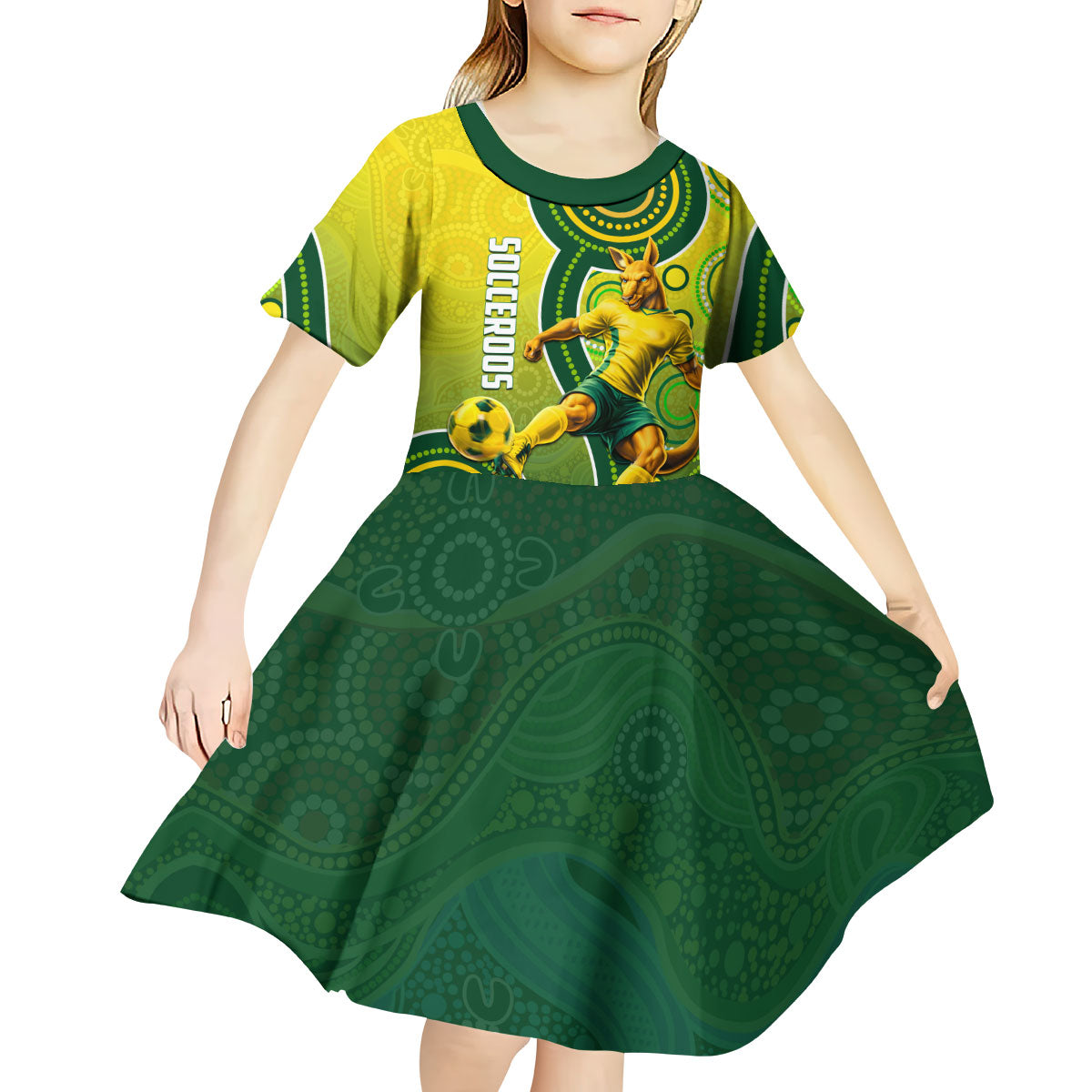 Personalized Australian Soccer Kangaroo Kid Short Sleeve Dress Aboriginal Dot Pattern Green Gold Football Player