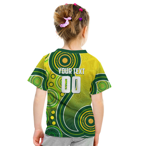 Personalized Australian Soccer Kangaroo Kid T Shirt Aboriginal Dot Pattern Green Gold Football Player