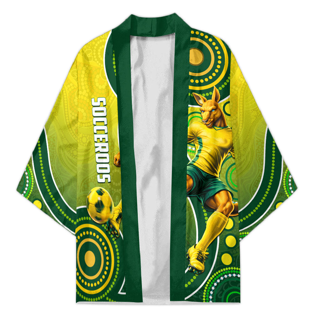 Personalized Australian Soccer Kangaroo Kimono Aboriginal Dot Pattern Green Gold Football Player