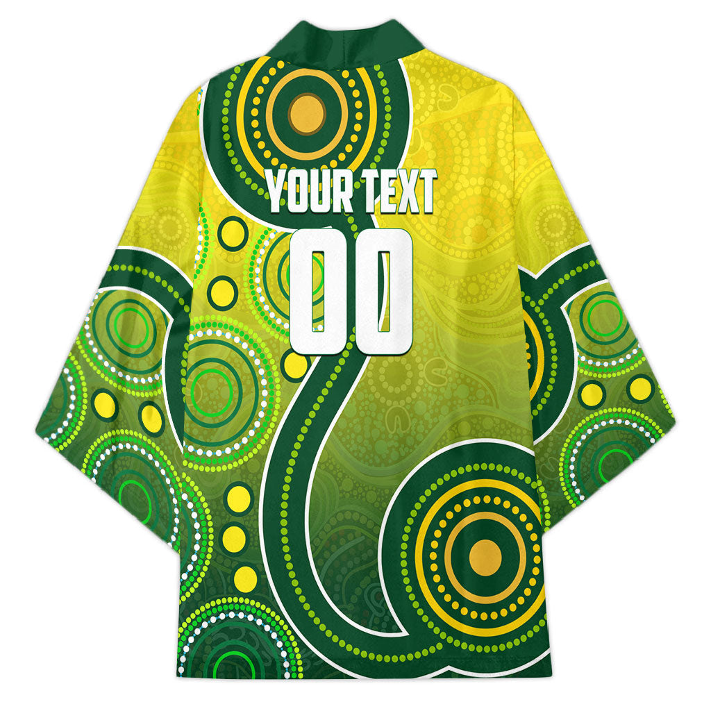 Personalized Australian Soccer Kangaroo Kimono Aboriginal Dot Pattern Green Gold Football Player