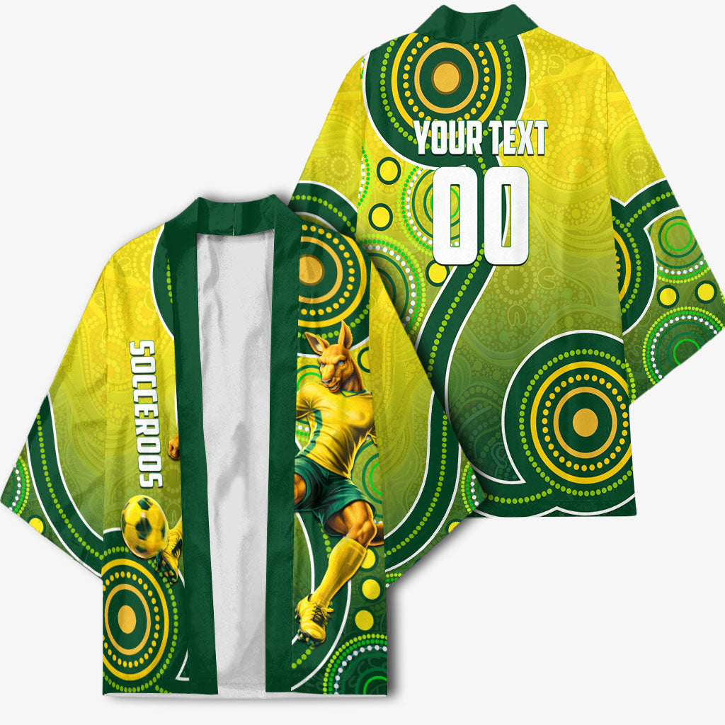 Personalized Australian Soccer Kangaroo Kimono Aboriginal Dot Pattern Green Gold Football Player