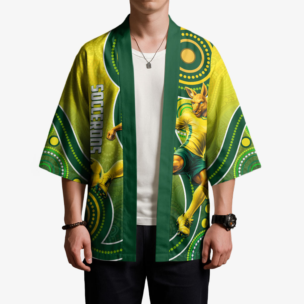 Personalized Australian Soccer Kangaroo Kimono Aboriginal Dot Pattern Green Gold Football Player