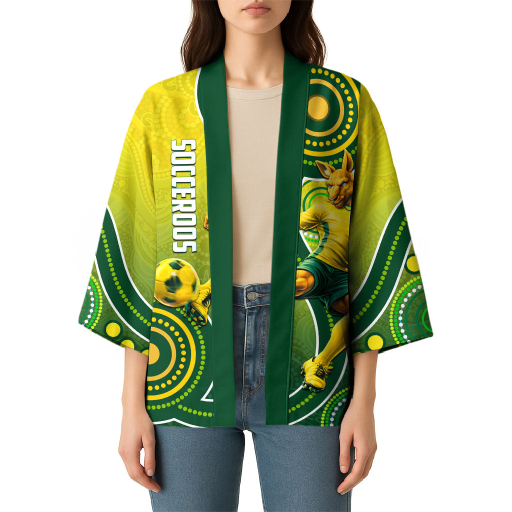 Personalized Australian Soccer Kangaroo Kimono Aboriginal Dot Pattern Green Gold Football Player