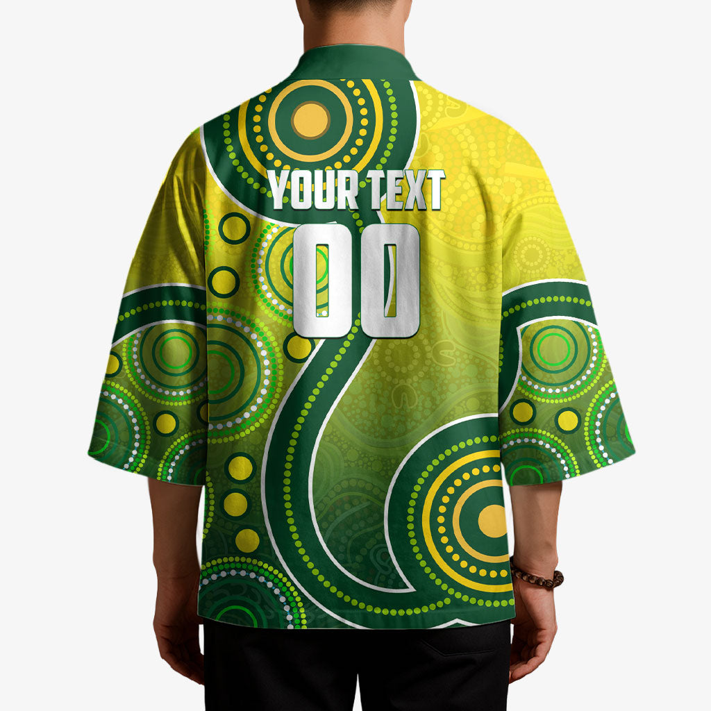 Personalized Australian Soccer Kangaroo Kimono Aboriginal Dot Pattern Green Gold Football Player