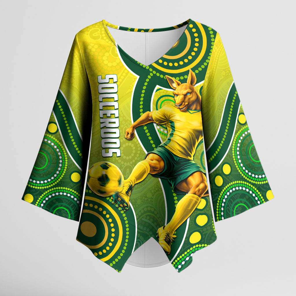 Personalized Australian Soccer Kangaroo Kimono Sleeve Blouse Aboriginal Dot Pattern Green Gold Football Player
