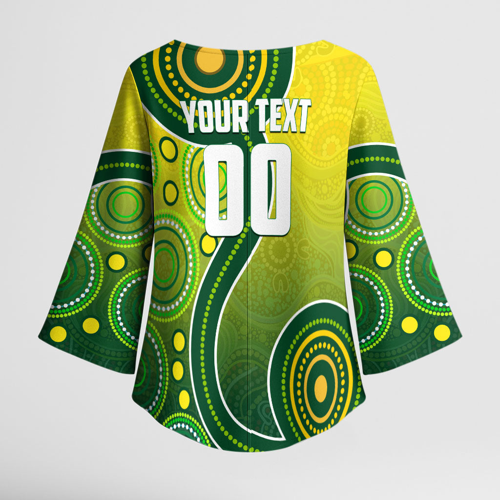 Personalized Australian Soccer Kangaroo Kimono Sleeve Blouse Aboriginal Dot Pattern Green Gold Football Player