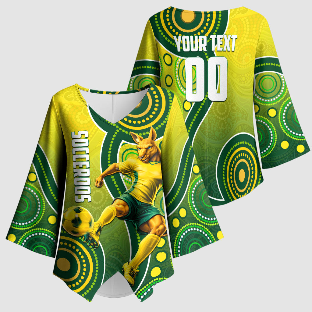 Personalized Australian Soccer Kangaroo Kimono Sleeve Blouse Aboriginal Dot Pattern Green Gold Football Player