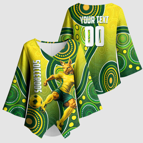 Personalized Australian Soccer Kangaroo Kimono Sleeve Blouse Aboriginal Dot Pattern Green Gold Football Player