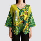 Personalized Australian Soccer Kangaroo Kimono Sleeve Blouse Aboriginal Dot Pattern Green Gold Football Player