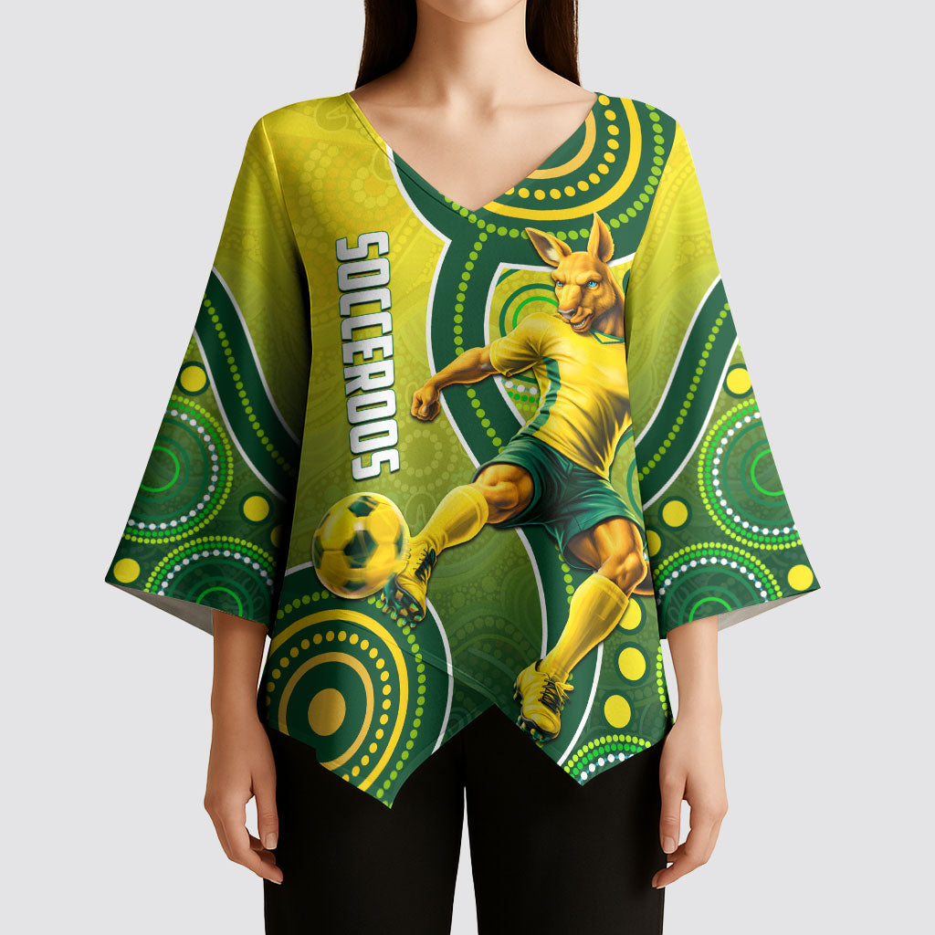 Personalized Australian Soccer Kangaroo Kimono Sleeve Blouse Aboriginal Dot Pattern Green Gold Football Player
