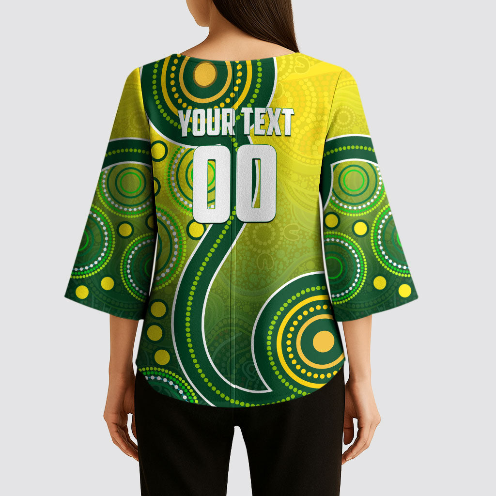 Personalized Australian Soccer Kangaroo Kimono Sleeve Blouse Aboriginal Dot Pattern Green Gold Football Player