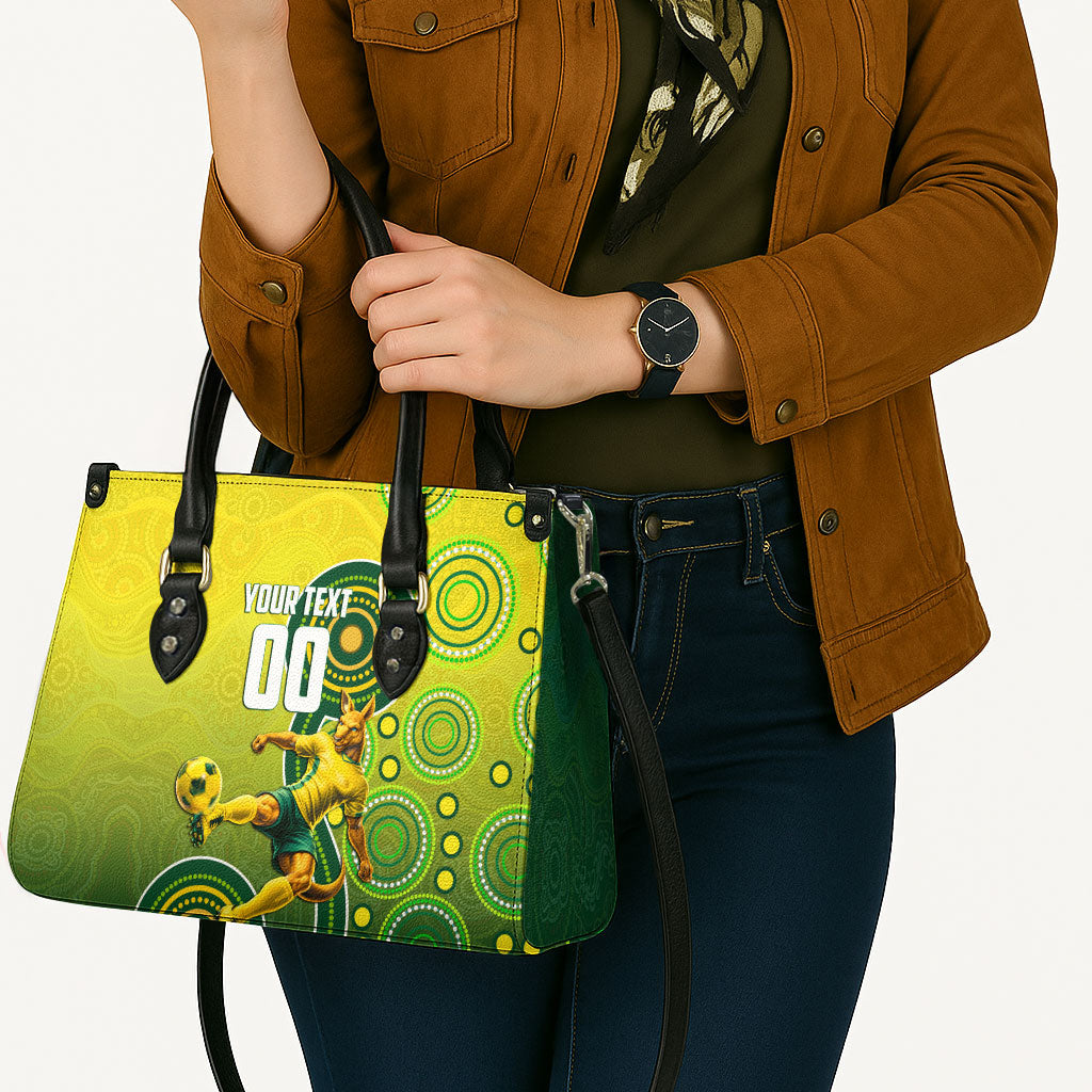Personalized Australian Soccer Kangaroo Leather Bag Aboriginal Dot Pattern Green Gold Football Player