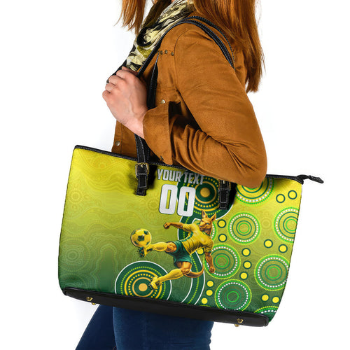 Personalized Australian Soccer Kangaroo Leather Tote Bag Aboriginal Dot Pattern Green Gold Football Player