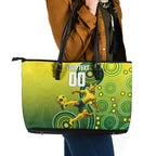 Personalized Australian Soccer Kangaroo Leather Tote Bag Aboriginal Dot Pattern Green Gold Football Player