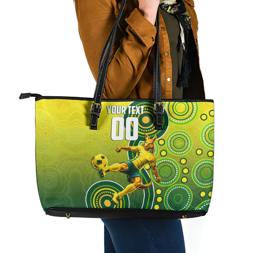 Personalized Australian Soccer Kangaroo Leather Tote Bag Aboriginal Dot Pattern Green Gold Football Player