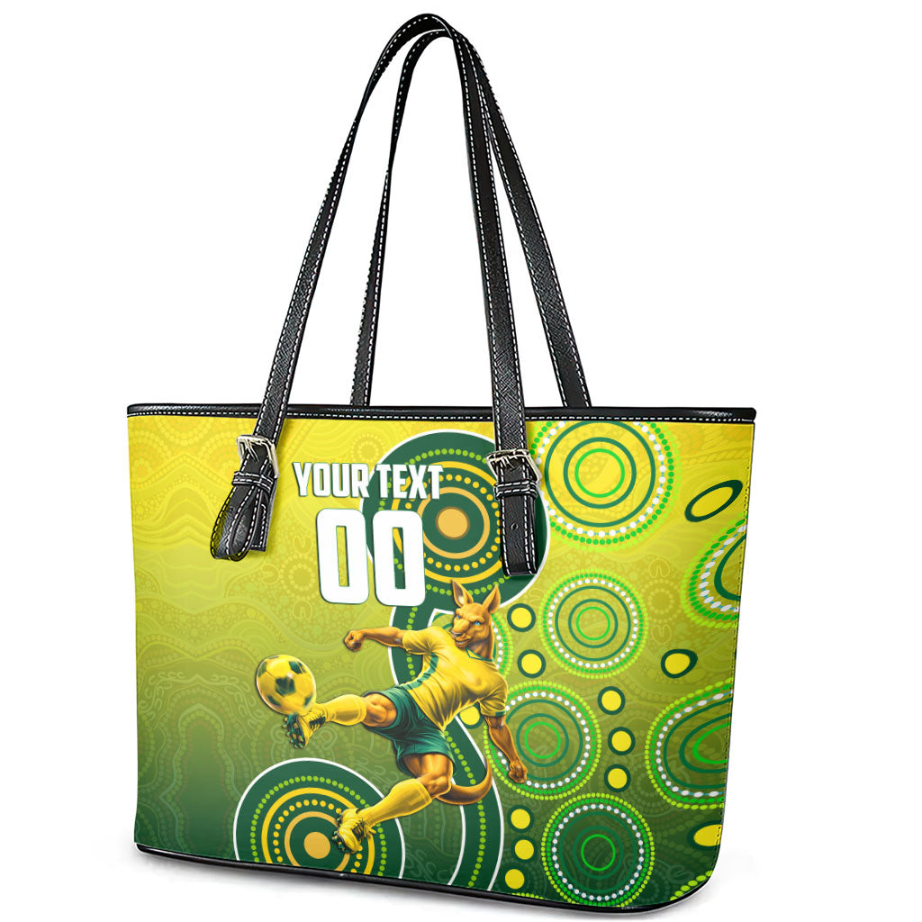 Personalized Australian Soccer Kangaroo Leather Tote Bag Aboriginal Dot Pattern Green Gold Football Player