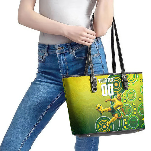Personalized Australian Soccer Kangaroo Leather Tote Bag Aboriginal Dot Pattern Green Gold Football Player