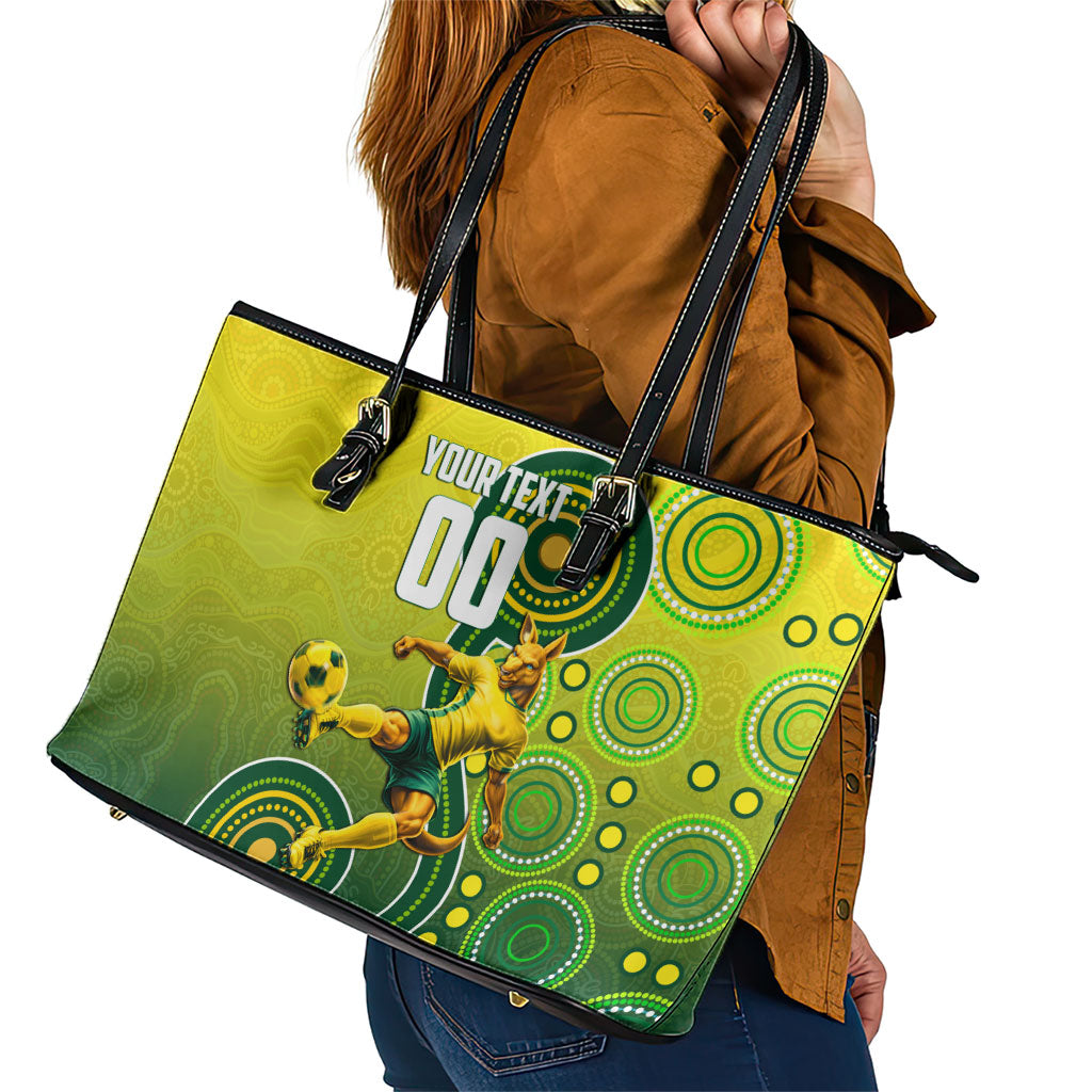 Personalized Australian Soccer Kangaroo Leather Tote Bag Aboriginal Dot Pattern Green Gold Football Player