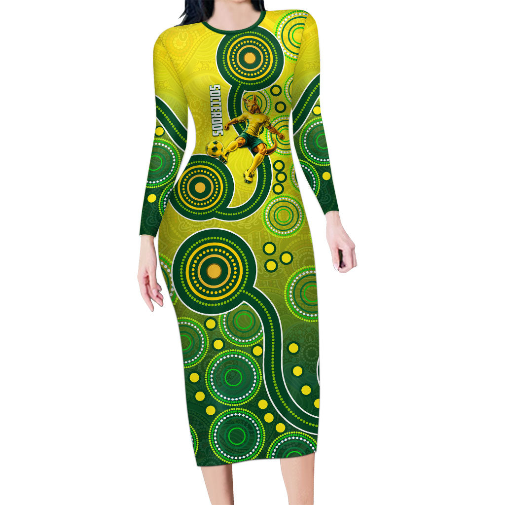 Personalized Australian Soccer Kangaroo Long Sleeve Bodycon Dress Aboriginal Dot Pattern Green Gold Football Player
