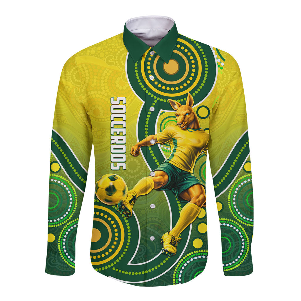 Personalized Australian Soccer Kangaroo Long Sleeve Button Shirt Aboriginal Dot Pattern Green Gold Football Player