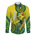 Personalized Australian Soccer Kangaroo Long Sleeve Button Shirt Aboriginal Dot Pattern Green Gold Football Player