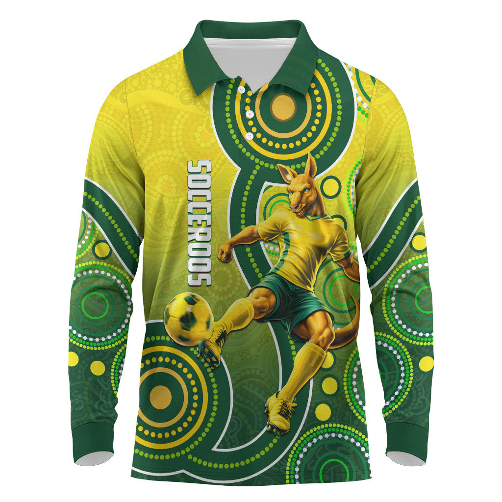 Personalized Australian Soccer Kangaroo Long Sleeve Polo Shirt Aboriginal Dot Pattern Green Gold Football Player