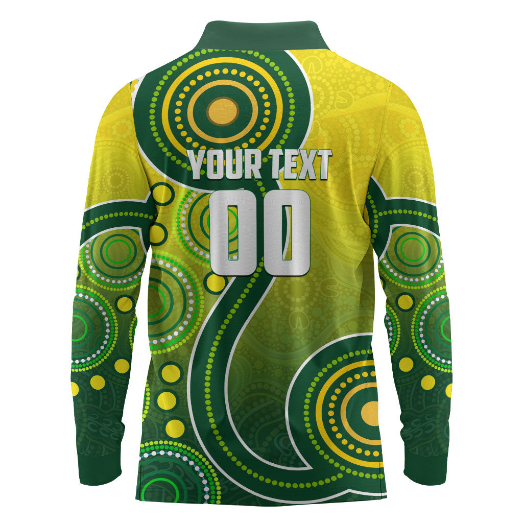 Personalized Australian Soccer Kangaroo Long Sleeve Polo Shirt Aboriginal Dot Pattern Green Gold Football Player