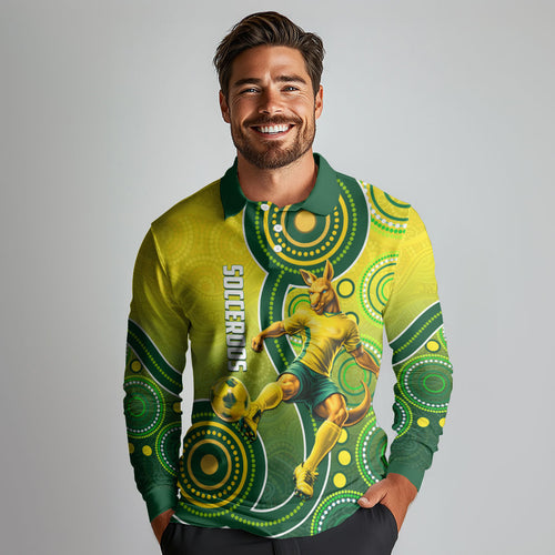Personalized Australian Soccer Kangaroo Long Sleeve Polo Shirt Aboriginal Dot Pattern Green Gold Football Player