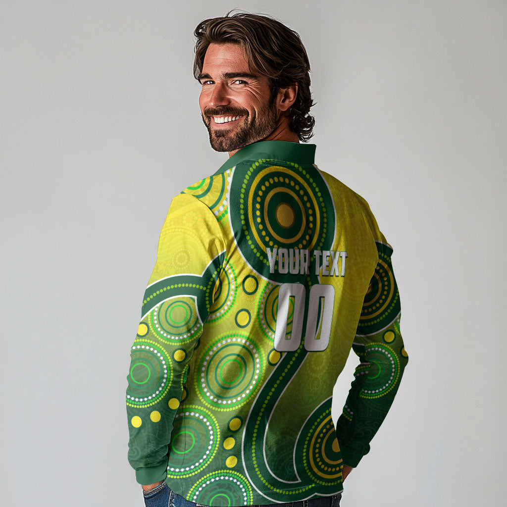 Personalized Australian Soccer Kangaroo Long Sleeve Polo Shirt Aboriginal Dot Pattern Green Gold Football Player