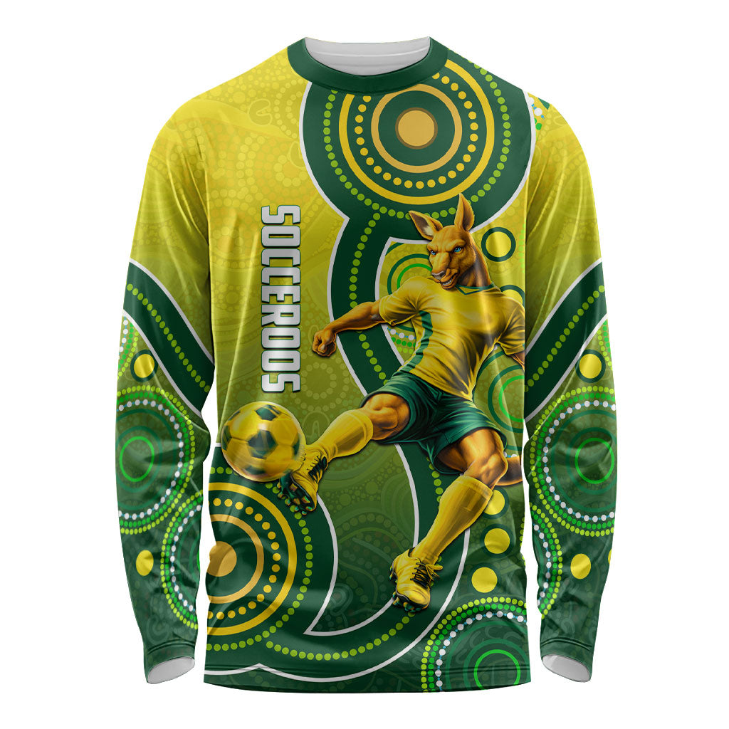 Personalized Australian Soccer Kangaroo Long Sleeve Shirt Aboriginal Dot Pattern Green Gold Football Player