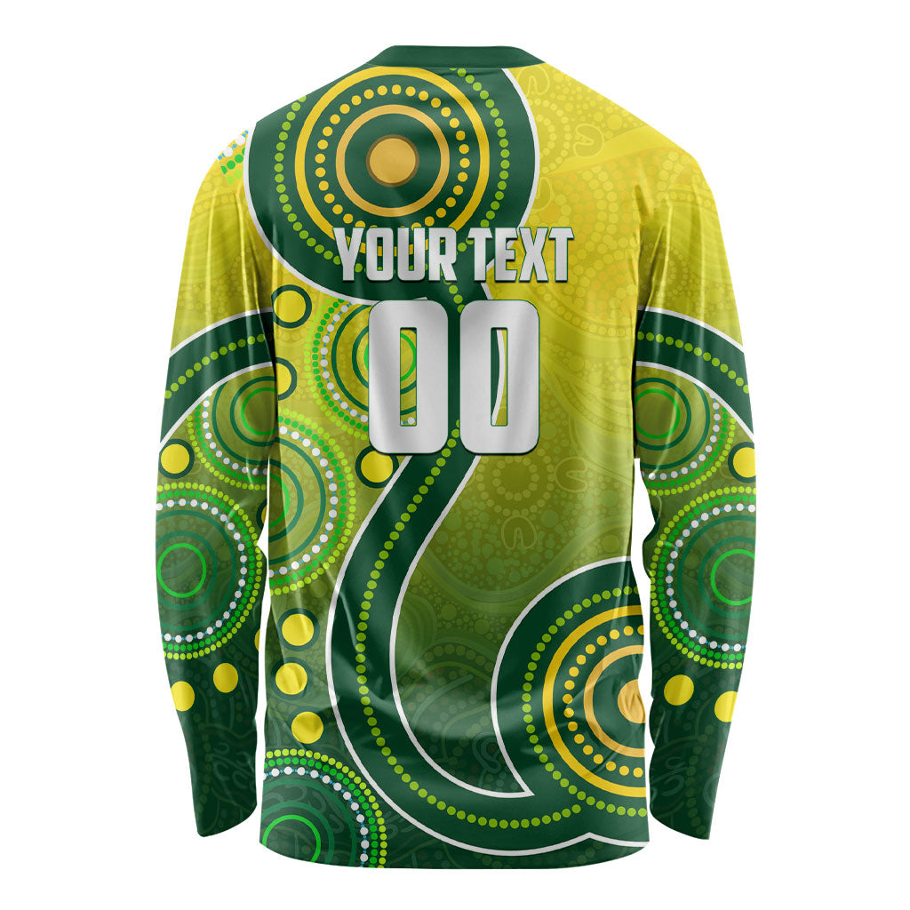 Personalized Australian Soccer Kangaroo Long Sleeve Shirt Aboriginal Dot Pattern Green Gold Football Player