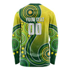 Personalized Australian Soccer Kangaroo Long Sleeve Shirt Aboriginal Dot Pattern Green Gold Football Player