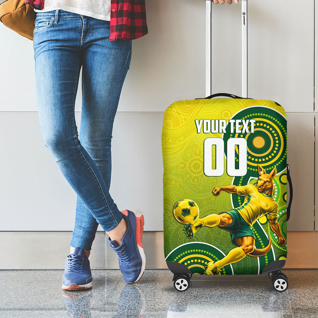 Personalized Australian Soccer Kangaroo Luggage Cover Aboriginal Dot Pattern Green Gold Football Player