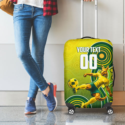 Personalized Australian Soccer Kangaroo Luggage Cover Aboriginal Dot Pattern Green Gold Football Player
