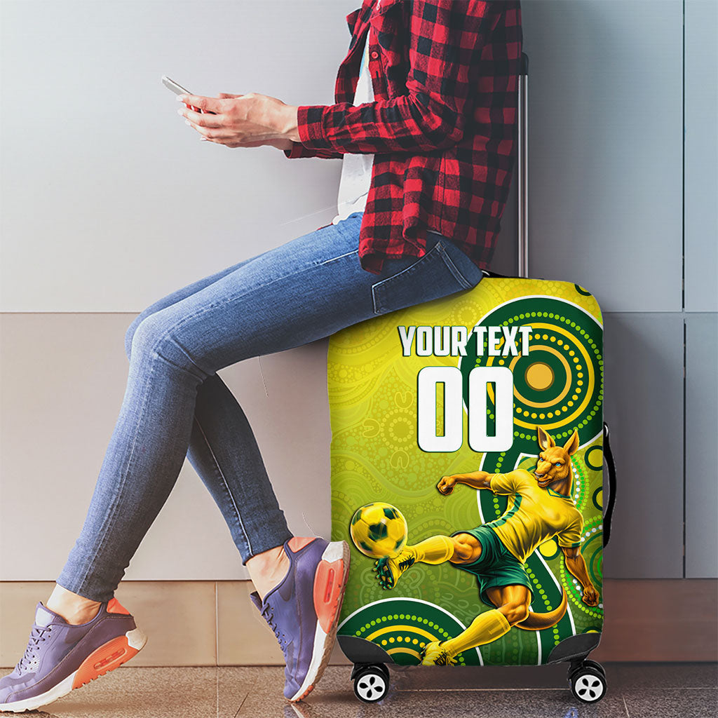 Personalized Australian Soccer Kangaroo Luggage Cover Aboriginal Dot Pattern Green Gold Football Player