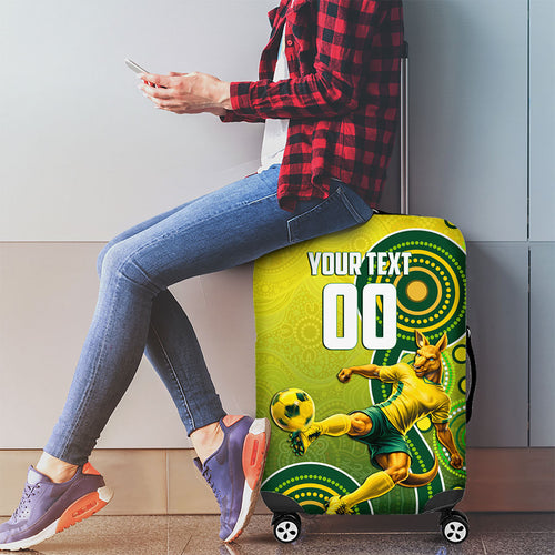 Personalized Australian Soccer Kangaroo Luggage Cover Aboriginal Dot Pattern Green Gold Football Player