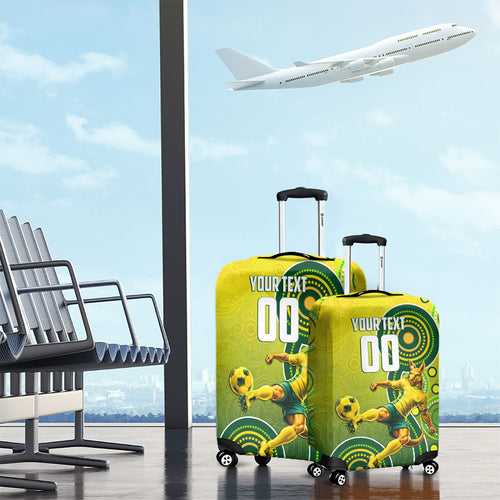 Personalized Australian Soccer Kangaroo Luggage Cover Aboriginal Dot Pattern Green Gold Football Player