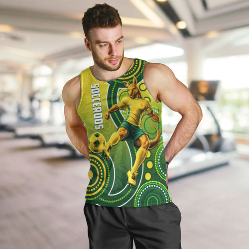 Personalized Australian Soccer Kangaroo Men Tank Top Aboriginal Dot Pattern Green Gold Football Player